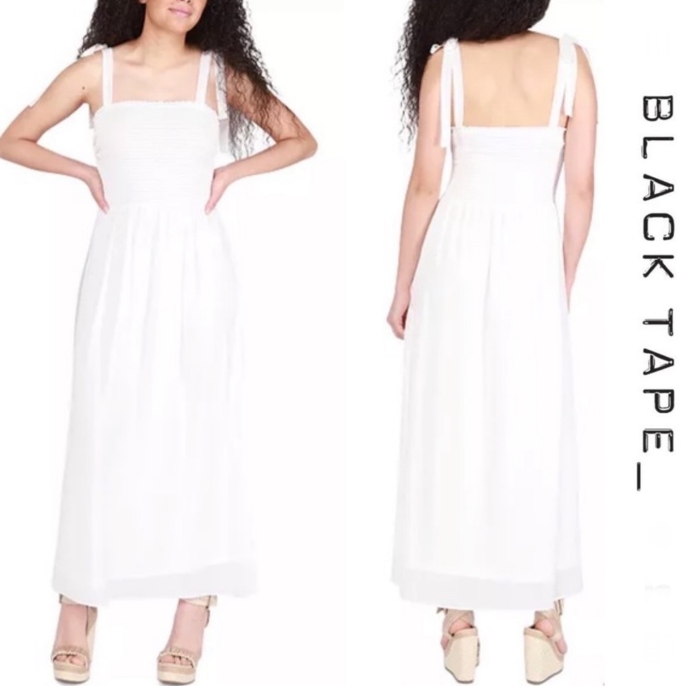 Black Tape_ Women's Tied-Strap White Smocked Maxi Dress - Medium